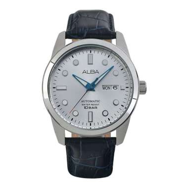 Jam Tangan Pria Alba Mechanical AL4663X1 Men Automatic Silver Dial Blue Leather Strap
