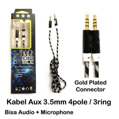 Kabel 1m Aux Audio 3.5 mm male to male 4 pole cable 3 strip Gold Plate