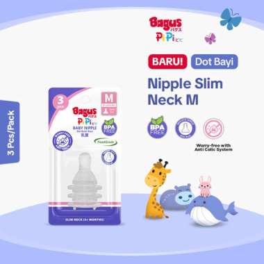Bagus Pipi Slim Neck Nipple 3+ Months (M) / 6+ Months (L) isi 3 pcs - Karet Dot Bayi 3+ Months (M)