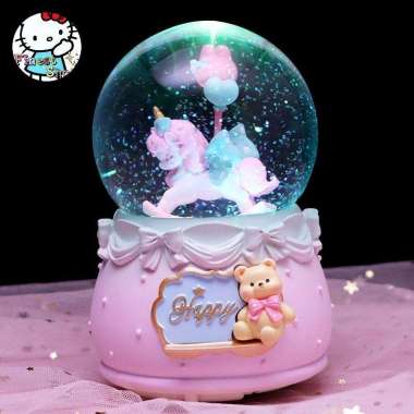 Kotak Musik Bola Salju Lampu Snowball Line Kado Birthday Gift Box Unicorn Bear - XL Fitur Lngkap