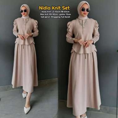Nidia Set Rok One Set Wanita Kekinian Kemeja Kaos Knit Polos Setelan Wanita Rok Serut LD 110 cm All