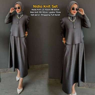 Nidia Set Rok One Set Wanita Kekinian Kemeja Kaos Knit Polos Setelan Wanita Rok Serut LD 110 cm All