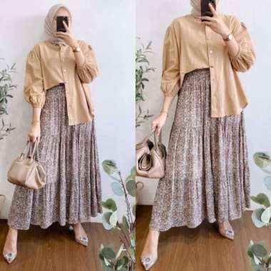 Nidia Set Rok One Set Wanita Kekinian Kemeja Kaos Knit Polos Setelan Wanita Rok Serut LD 110 cm All