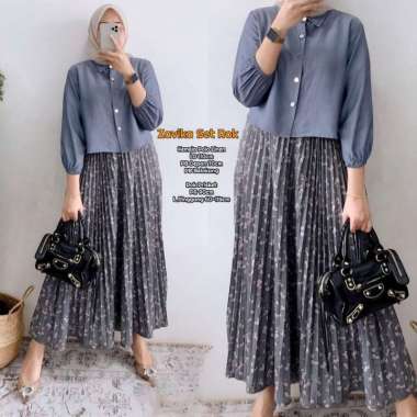 Nidia Set Rok One Set Wanita Kekinian Kemeja Kaos Knit Polos Setelan Wanita Rok Serut LD 110 cm All