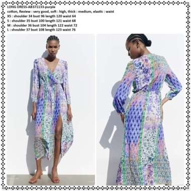 AB371133 Vintage Long Dress Midi Pesta Pantai Bunga Retro Lengan Panjang Wanita Korea Import Purple 
