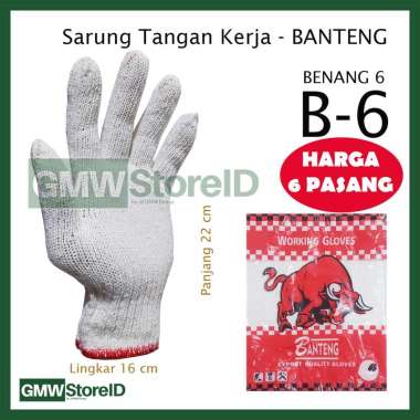 [6 Pasang] W874 Sarung Tangan Kerja Benang 6 BANTENG Rajut Safety Gloves Putih B6