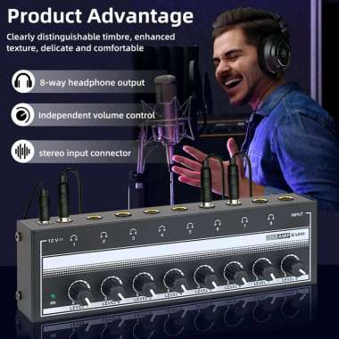 Micro Audio Amplifier Headphone Splitter 8 Channel Volume Control - HA800 - Black
