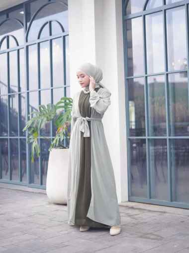 Kiukiu Helwa Abaya set - Gamis abaya wanita set Pashmina Set Abaya Muslim Gamis+Outer+Pashmina GREEN