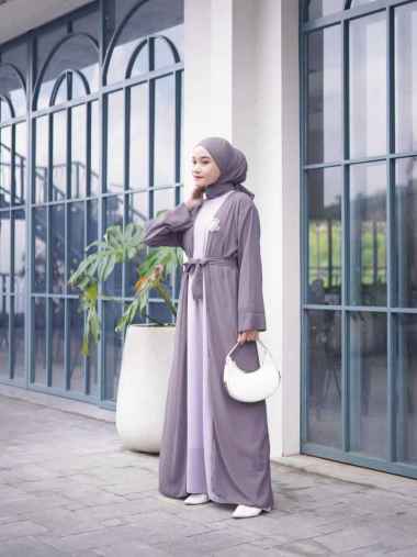 Kiukiu Helwa Abaya set - Gamis abaya wanita set Pashmina Set Abaya Muslim Gamis+Outer+Pashmina GREY