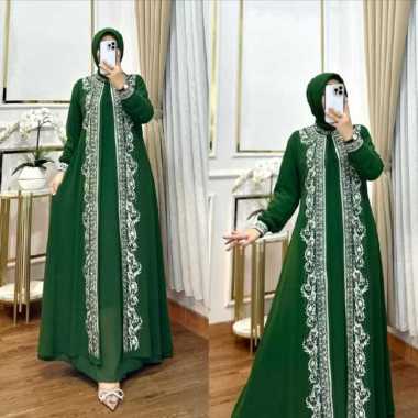 Kiukiu - Sarah Dress Gamis Bordir Mewah ala Arabic - Gamis Muslim Full Bordir Depan Terbaru HIJAU BO
