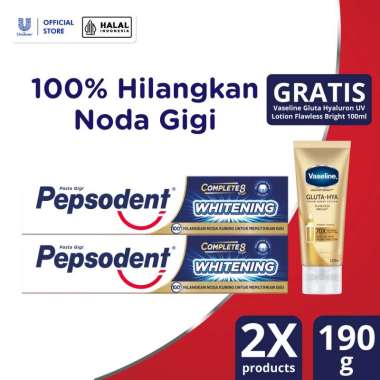 Buy 2 Pepsodent Complete 8 Whitening Toothpaste Pasta Gigi [190 g] + Free Vaseline Gluta Hyaluron UV