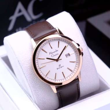 Jam Tangan Alexandre Christie AC1014 Primo Leather Strap Pria Brown Rose White