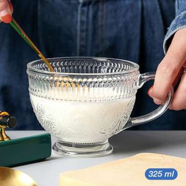 Gelas Cangkir Kopi Teh Susu Dengan Pegangan Retro Transparan Motif Klasik Bunga Matahari 325ml WMO Y