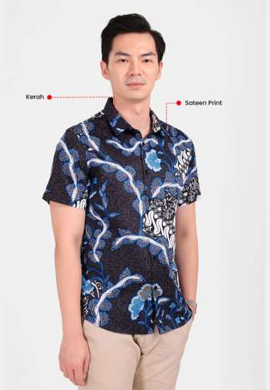 MANZONE - Kemeja Batik Lengan Pendek Pria Bimareka Slim Fit - Black Black M