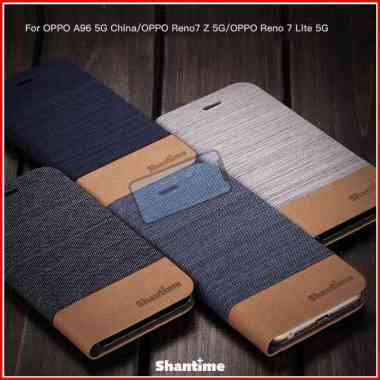 OPPO A96 5G Flip Case Luxury Canvas Leather Soft TPU Case A96 5G Light Blue