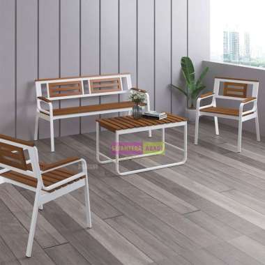 Siantano Full Set Meja Kursi Teras KT006 MT006 Sofa Besi Kombinasi Kayu Sofa Tamu Sofa Meja Outdoor 