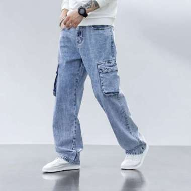 Cargo Jeans Panjang Pria Reguler Standar Loose Cargo Gombrong Jeans Pria Celana Korea Pria 29 Black