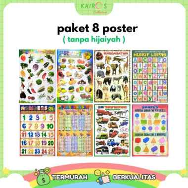 Paket 8 Poster Belajar Anak Edukasi Huruf, Angka, Transportasi, Hewan, buah, Sayur dll