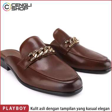 SEPATU SANDAL PLAYBOY PRIA ORIGINAL KULIT ASLI ORI SENDAL SLIP ON SLOP SELOP COKLAT BROWN PL03