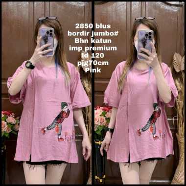2850 Blouse Bordir Katun Jumbo Premium Wanita Korean Style/Blus/Atasan hitam