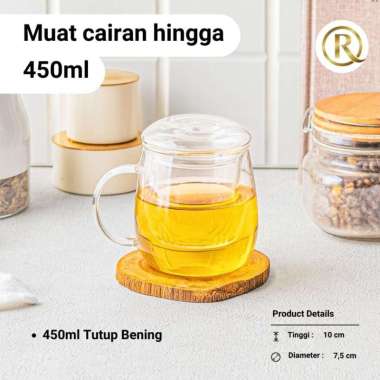 Gelas Cangkir Teh Bening Aesthetic 450ML Glass Infuser Tea Tutup Bening