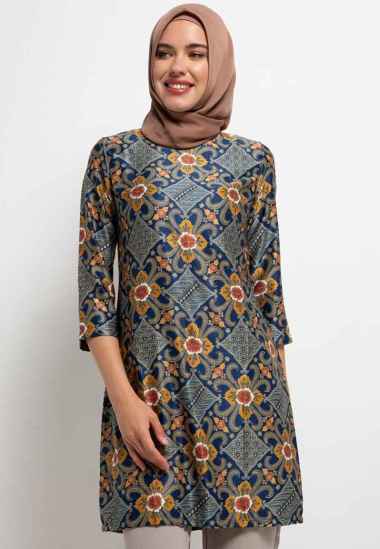 Arjuna Weda Tunik Batik Kembang Almond 22404120 - Biru Tua M