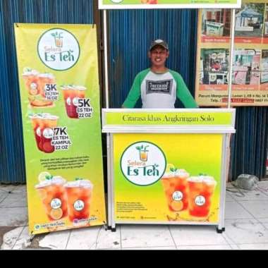 Meja Lipat Booth Portable Es Teh berstiker dengan Y Banner Jumbo Y banner