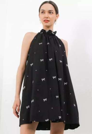 CHIC SIMPLE SLEVELESS EMB COTTON DRESS WANITA ELEGAN DR4255 BLACK