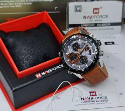 Jam Tangan Pria Naviforce 9197 Dual Time Original-Tali Kulit Coklat Muda