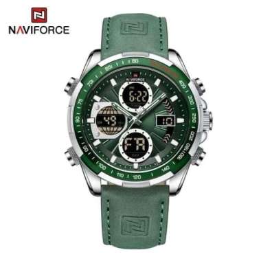 Jam Tangan Pria Naviforce 9197 Dual Time Original-Tali Kulit Hijau