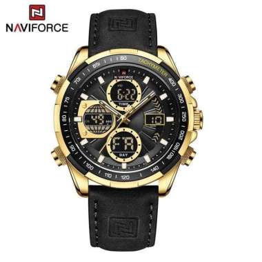 Jam Tangan Pria Naviforce 9197 Dual Time Original-Tali Kulit Hitam Gold