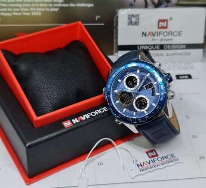 Jam Tangan Pria Naviforce 9197 Dual Time Original-Tali Kulit Silver Biru