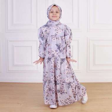 Dungdungkids Gamis Anak Ghasani Ceruty Motif Bunga Pita Lengan Serut Free Jilbab Segi Empat 4 - 12 T
