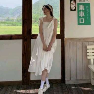 DRESS WANITA PANJANG MIDI TIED DRESS CASUAL POLOS BAJU LIBURAN GAUN - Biru Putih