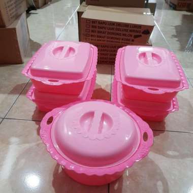 Tempat prasmanan plastik set/Tempat prasmanan isi 5 pcs/wadah saji tutup +bubble pink
