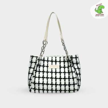 Tas Wanita Bahu Shoulder Bag Tote Bag Bahan Kain Tweed Plaid Pattern Venrz Wakakids Putih