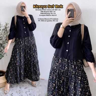 Naviza Set Rok | One Set Wanita Kekinian Tunik Polo Linen Premium Baju Setelan Wanita Rok LD 115 cm
