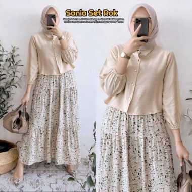 Naviza Set Rok | One Set Wanita Kekinian Tunik Polo Linen Premium Baju Setelan Wanita Rok LD 115 cm