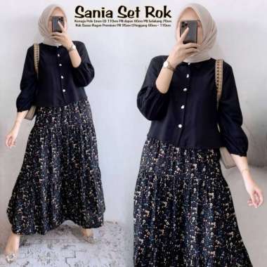 Naviza Set Rok | One Set Wanita Kekinian Tunik Polo Linen Premium Baju Setelan Wanita Rok LD 115 cm