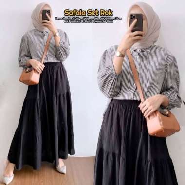 Naviza Set Rok | One Set Wanita Kekinian Tunik Polo Linen Premium Baju Setelan Wanita Rok LD 115 cm