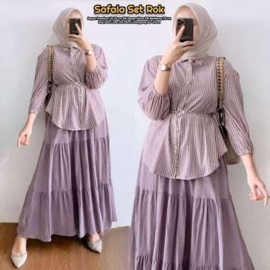 Naviza Set Rok | One Set Wanita Kekinian Tunik Polo Linen Premium Baju Setelan Wanita Rok LD 115 cm