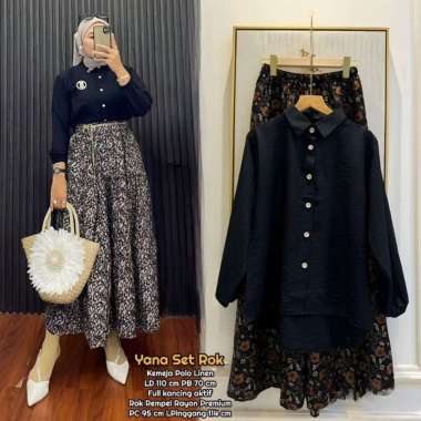 Naviza Set Rok | One Set Wanita Kekinian Tunik Polo Linen Premium Baju Setelan Wanita Rok LD 115 cm