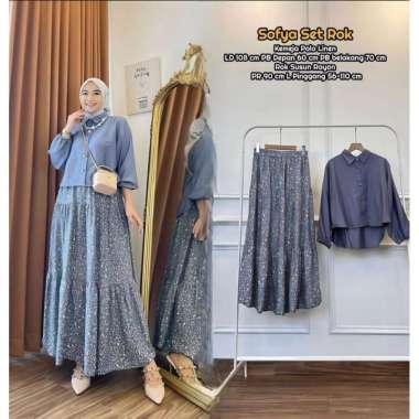 Naviza Set Rok | One Set Wanita Kekinian Tunik Polo Linen Premium Baju Setelan Wanita Rok LD 115 cm 