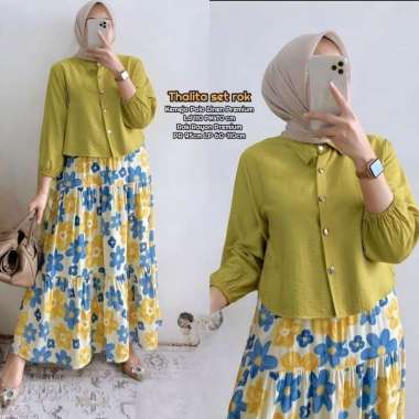 Naviza Set Rok | One Set Wanita Kekinian Tunik Polo Linen Premium Baju Setelan Wanita Rok LD 115 cm