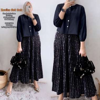 Naviza Set Rok | One Set Wanita Kekinian Tunik Polo Linen Premium Baju Setelan Wanita Rok LD 115 cm