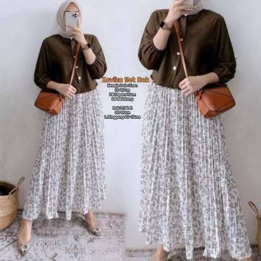 Naviza Set Rok | One Set Wanita Kekinian Tunik Polo Linen Premium Baju Setelan Wanita Rok LD 115 cm