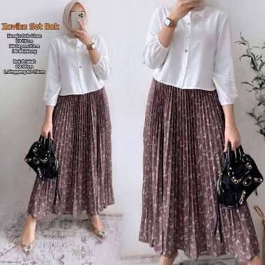 Naviza Set Rok | One Set Wanita Kekinian Tunik Polo Linen Premium Baju Setelan Wanita Rok LD 115 cm