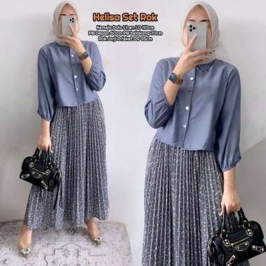 Naviza Set Rok | One Set Wanita Kekinian Tunik Polo Linen Premium Baju Setelan Wanita Rok LD 115 cm 