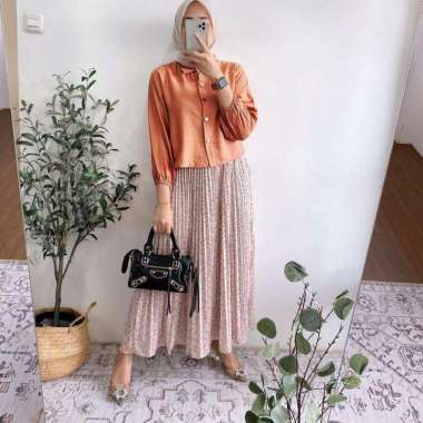 Naviza Set Rok | One Set Wanita Kekinian Tunik Polo Linen Premium Baju Setelan Wanita Rok LD 115 cm