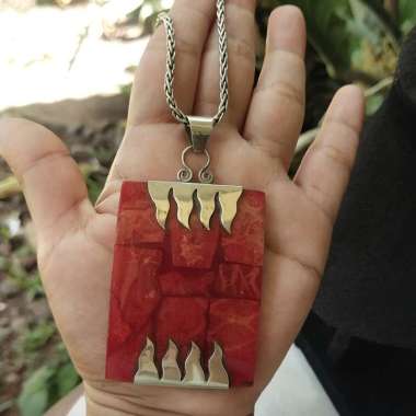 Liontin Mainan Kalung Pendant Perak Silver Bali Kerang Coral Merah Kotak Lebar Asli 925